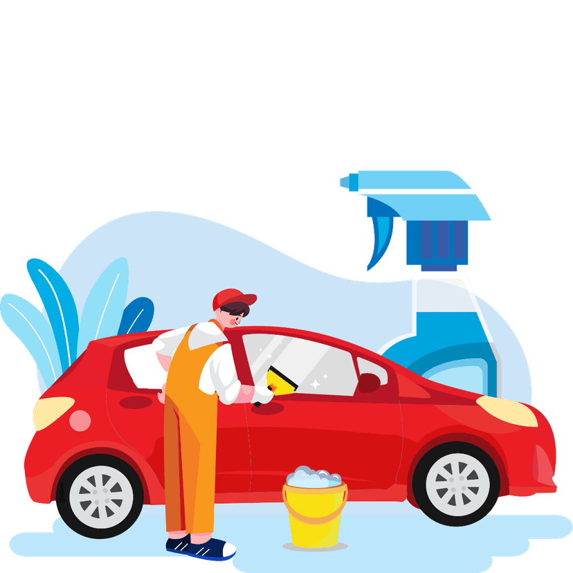 Man scrubbing red car animated for car detailing