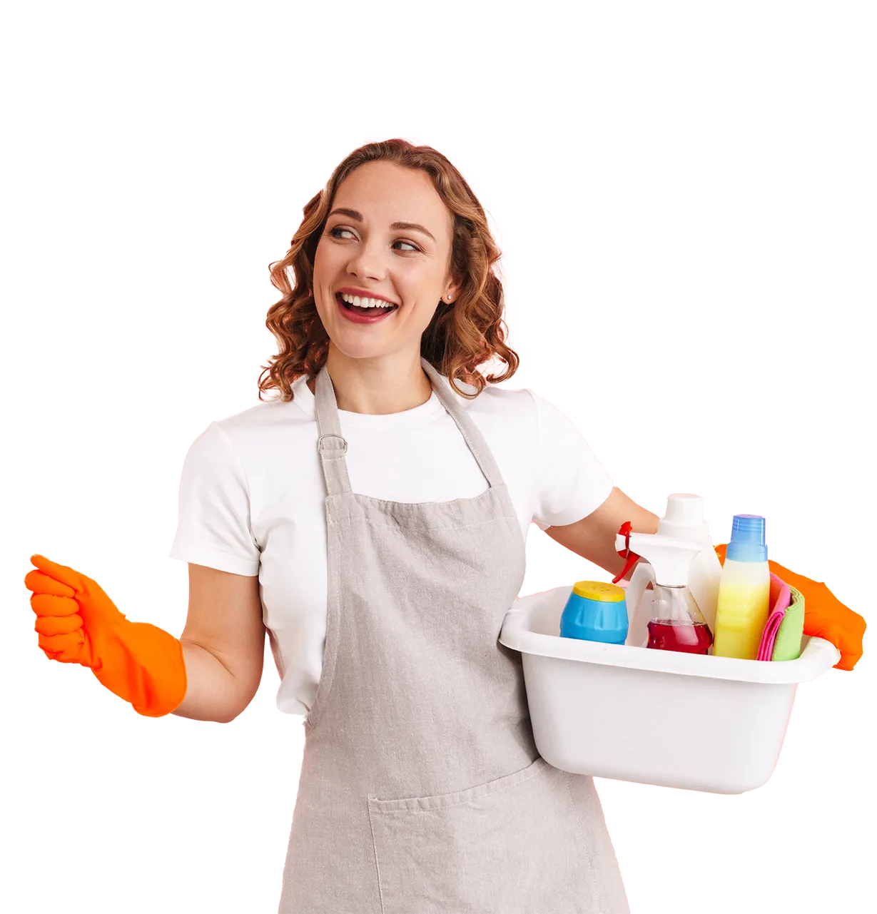 Female cleaner holding home cleaning supplies service and looking left