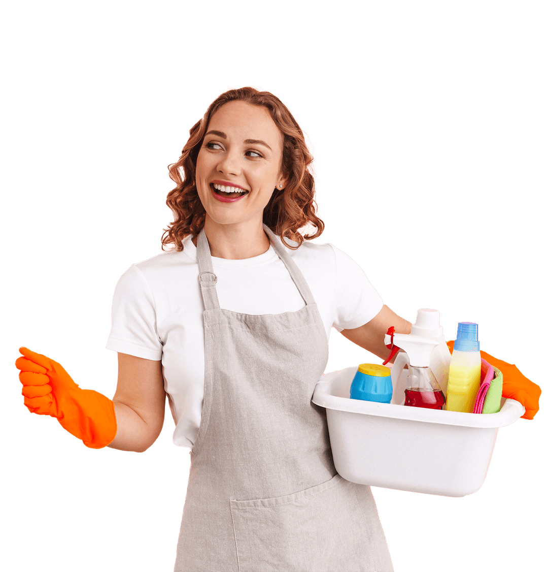 Female cleaner holding home cleaning supplies service and looking left