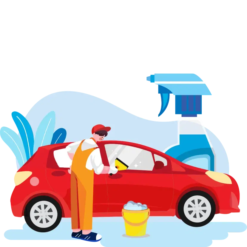 Man scrubbing red car animated for car detailing