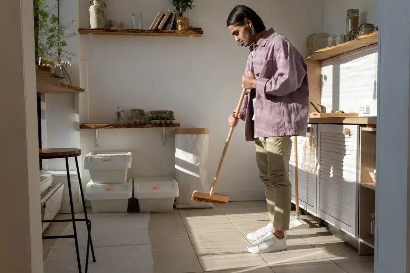Man sweeping modern kitchen floor