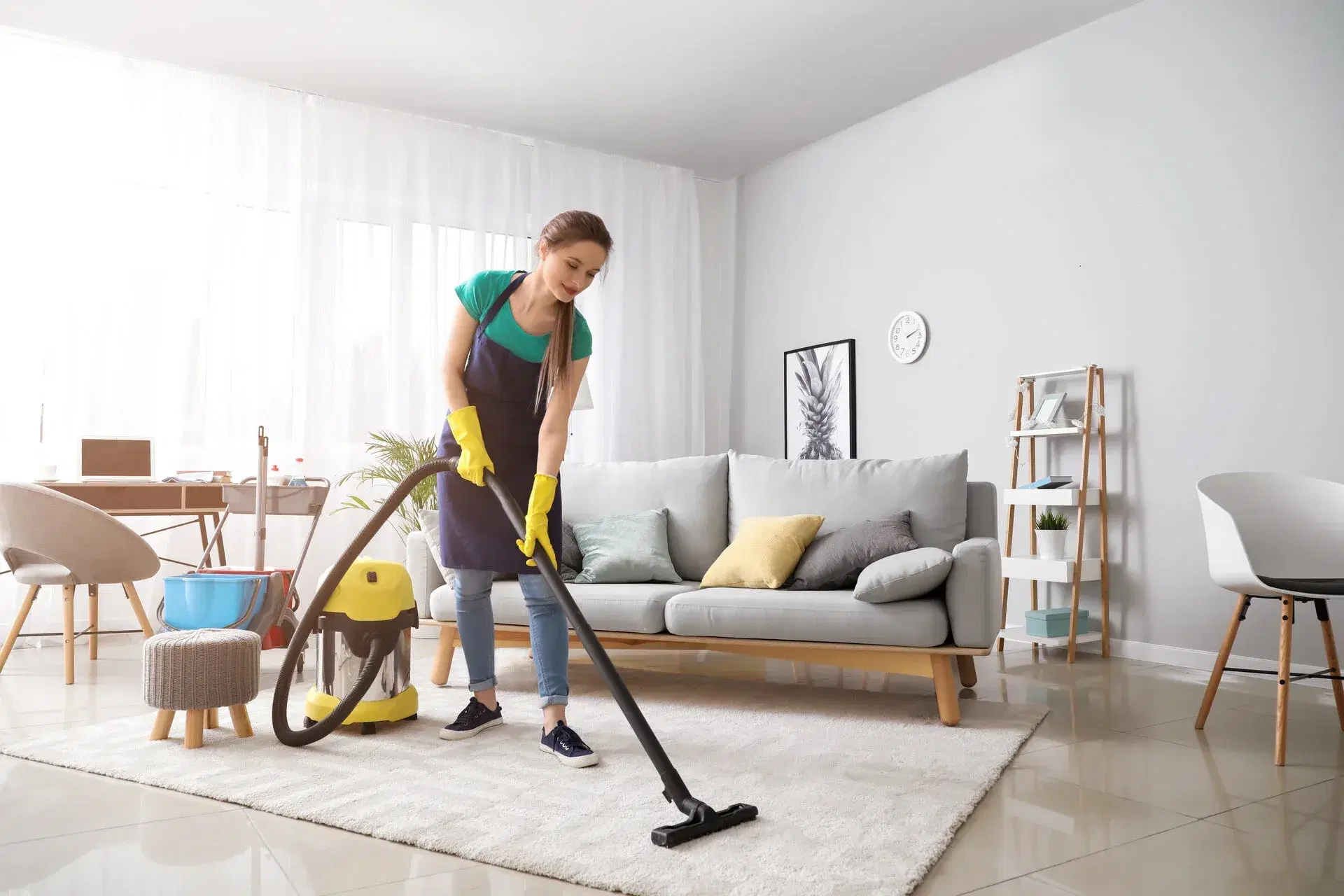 Woman vacuuming living room carpet