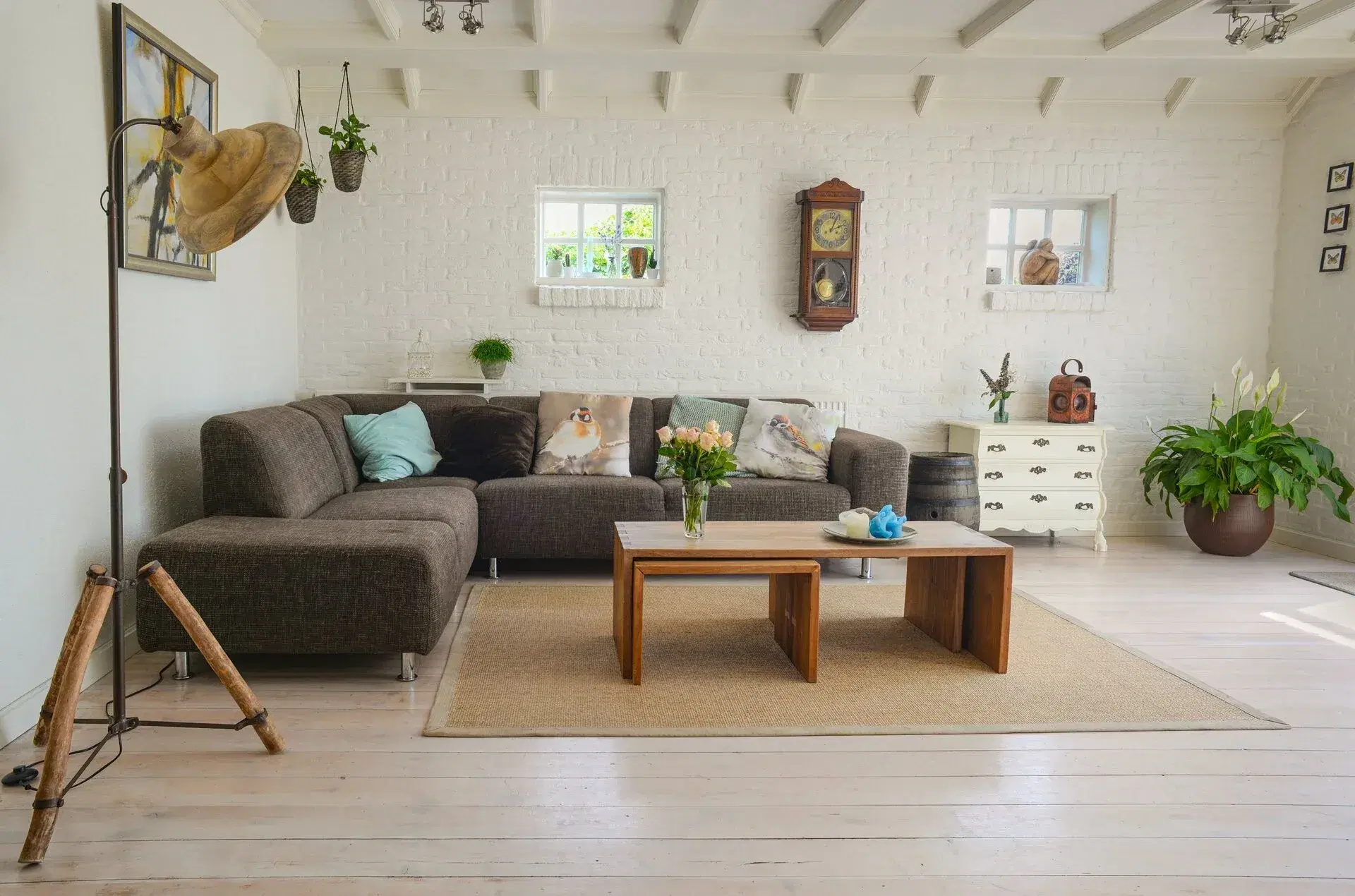 Modern living room with gray sectional sofa