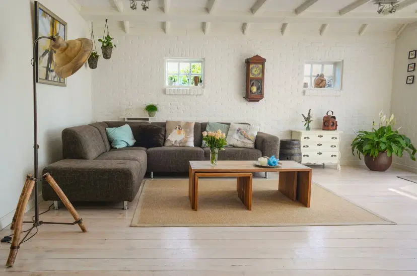 Modern living room with gray sectional sofa