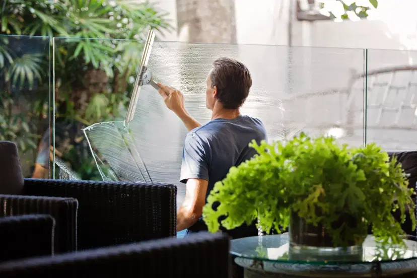 Man cleaning glass window with squeegee