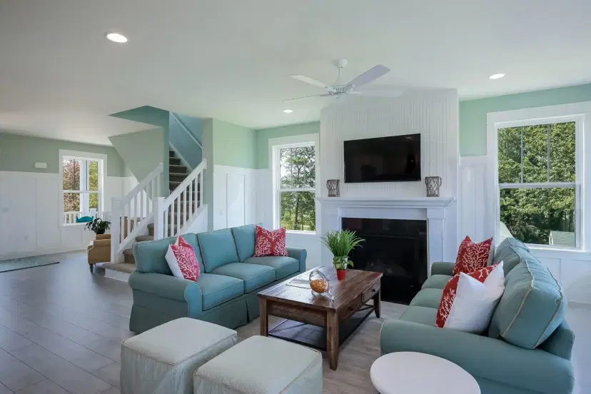 Modern living room with fireplace and staircase