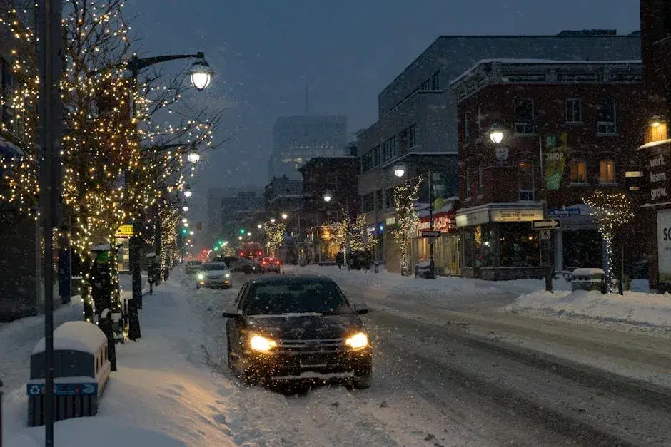 A scenic wintery scene of a busy snow-covered street in Ottawa with festive Christmas lights.