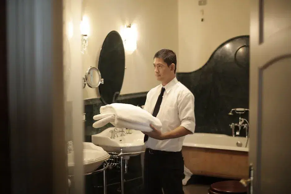 A cleaner making a bed with fresh white linens in a short-term rental unit