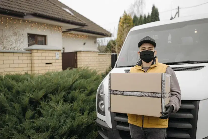 Courier wearing a mask delivering a package outdoors in front of a van.