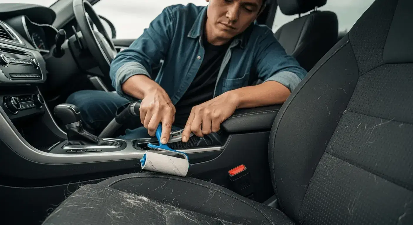 Removing pet hair from car seats in Ottawa using a rubber squeegee and lint roller