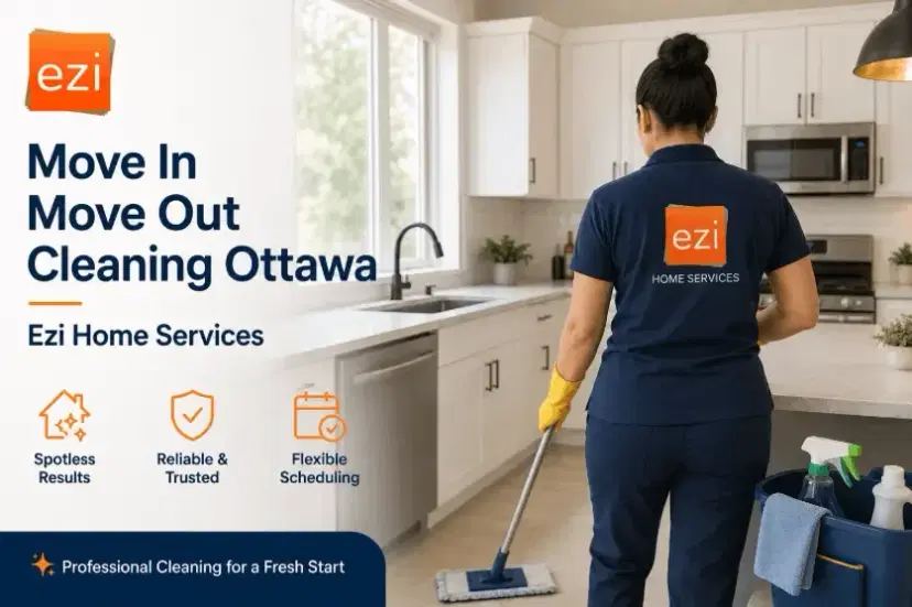 Professional move in move out cleaning service in Ottawa with cleaner in uniform cleaning a modern kitchen for Ezi Home Services. (1)