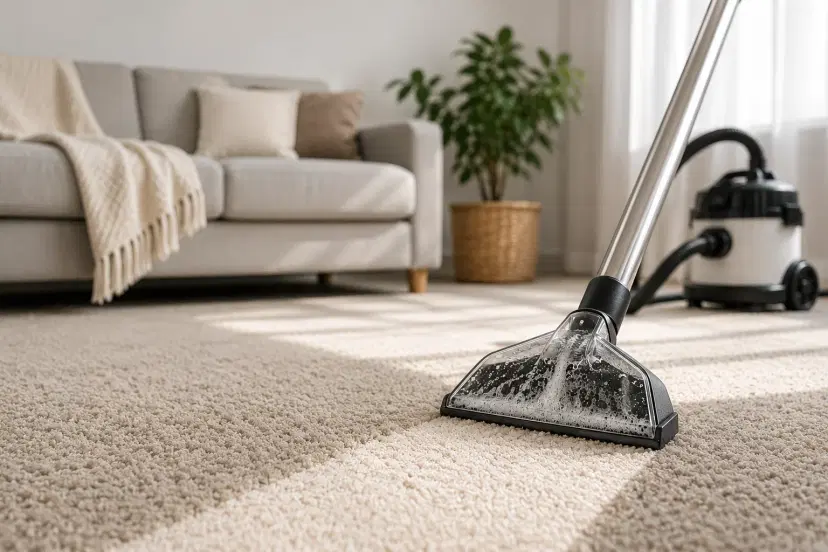 Carpet cleaning at home with professional carpet extractor cleaning a beige carpet in a modern living room.