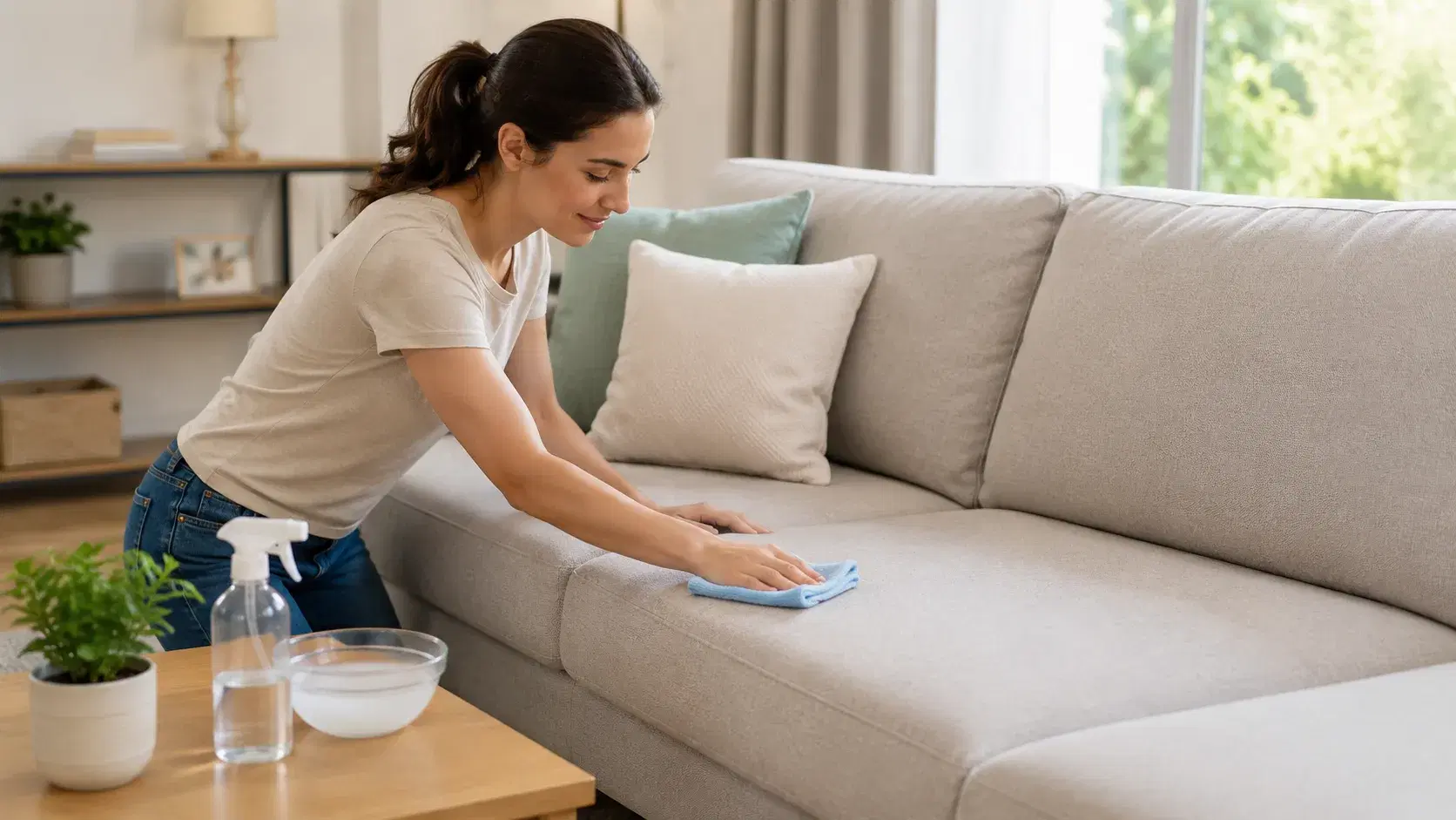 Fabric sofa being cleaned at home with DIY upholstery cleaning method