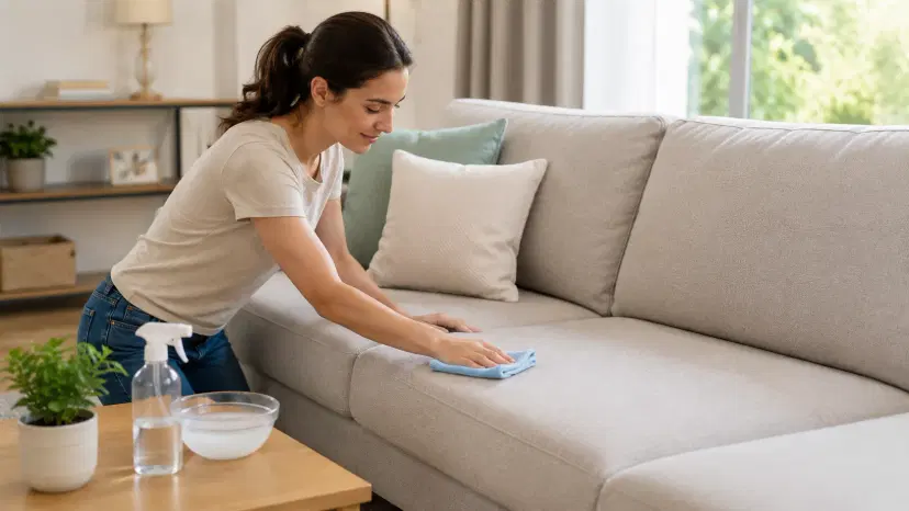 Cleaning a fabric sofa at home with microfiber cloth in a bright living room