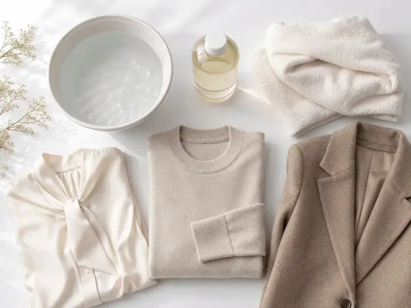 Delicate garment cleaning flat lay with silk, cashmere, blazer, detergent, and towel