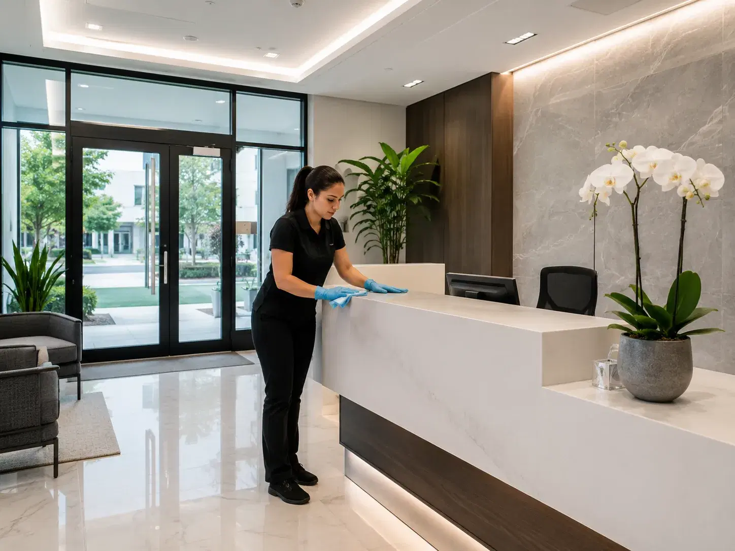 Modern office lobby with cleaning