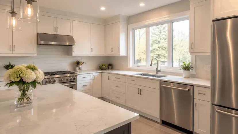 Modern kitchen with marble island and greenery
