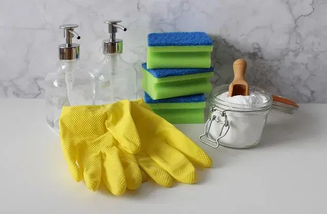 Cleaning supplies and gloves laid out before a house cleaning visit