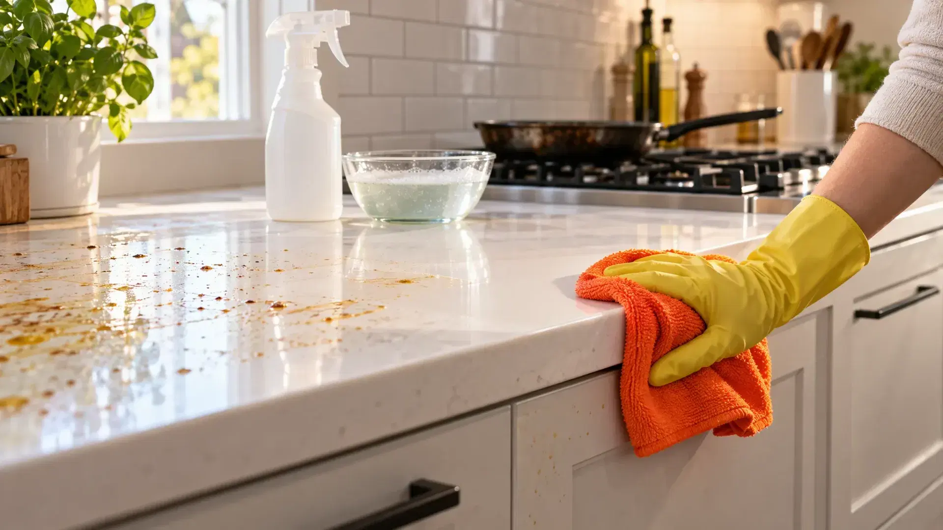 Gloved hand wiping grease splatter off a white quartz kitchen counter with an orange microfibre cloth