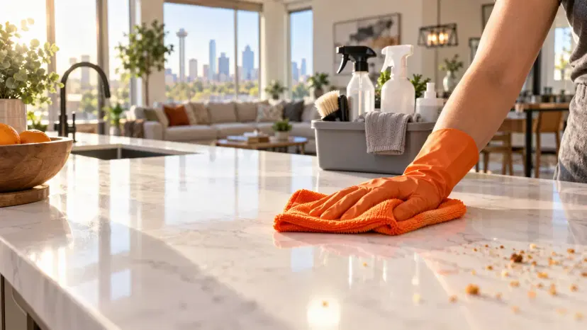Gloved hand wiping a white kitchen island with an orange cloth, Dallas skyline in the window behind