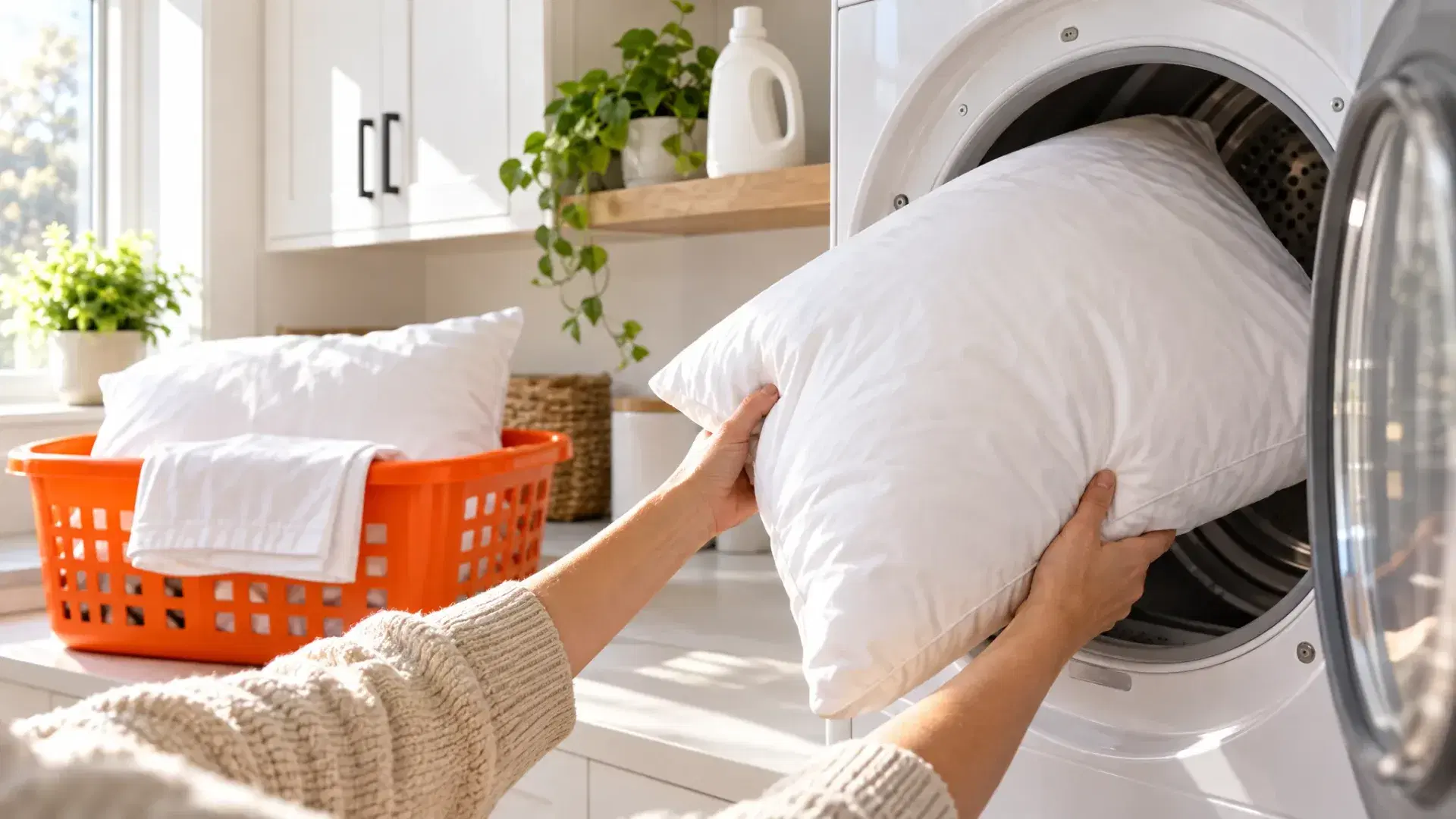 Hands pulling a fluffy white pillow out of a dryer into an orange laundry basket
