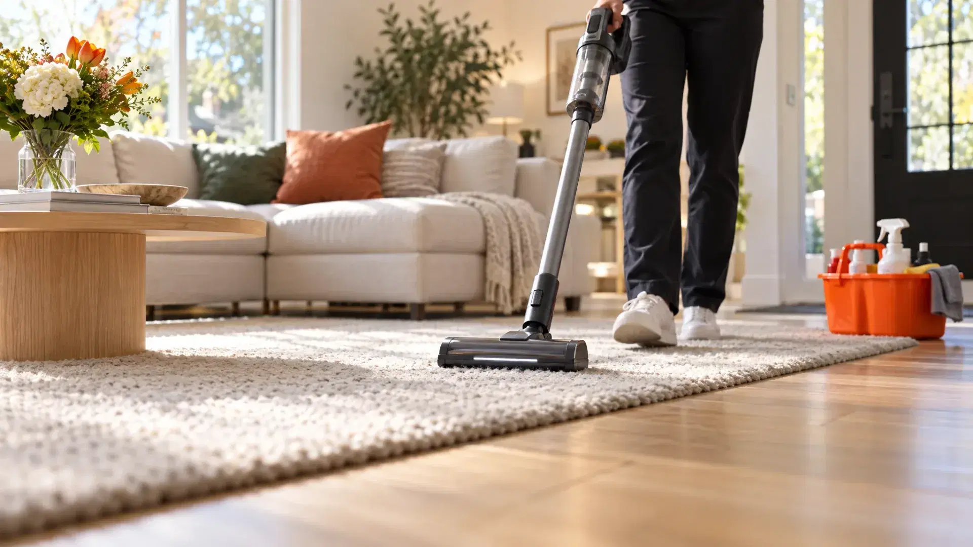 Cleaner vacuuming a living room rug with an orange cleaning caddy waiting by the door