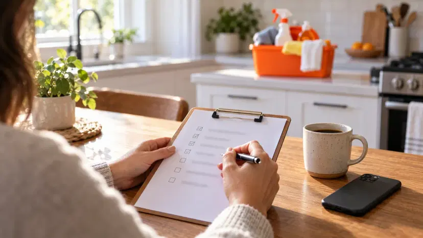 Hands ticking off a checklist on a clipboard at a kitchen table, orange cleaning caddy on the counter behind