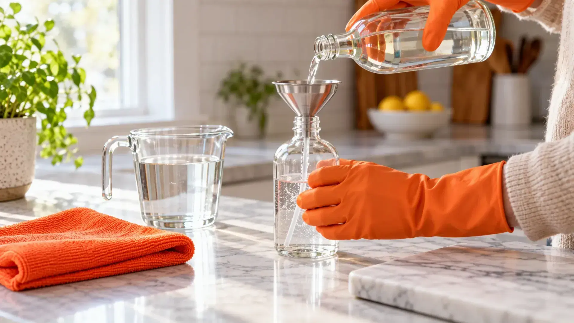 Orange-gloved hands pouring vinegar through a funnel into a spray bottle next to a marble board