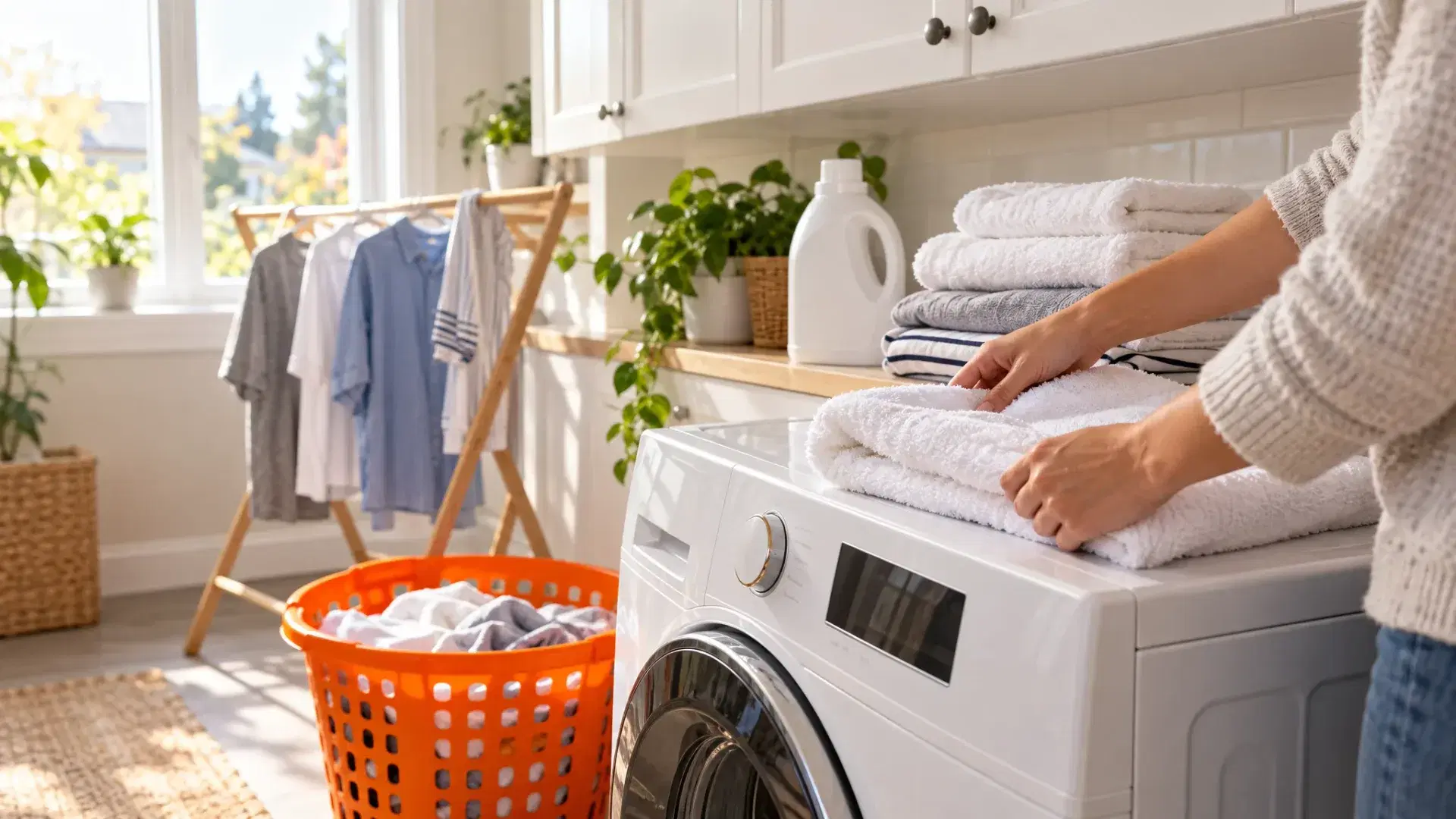 Hands folding fresh towels on top of a washing machine beside an orange laundry basket