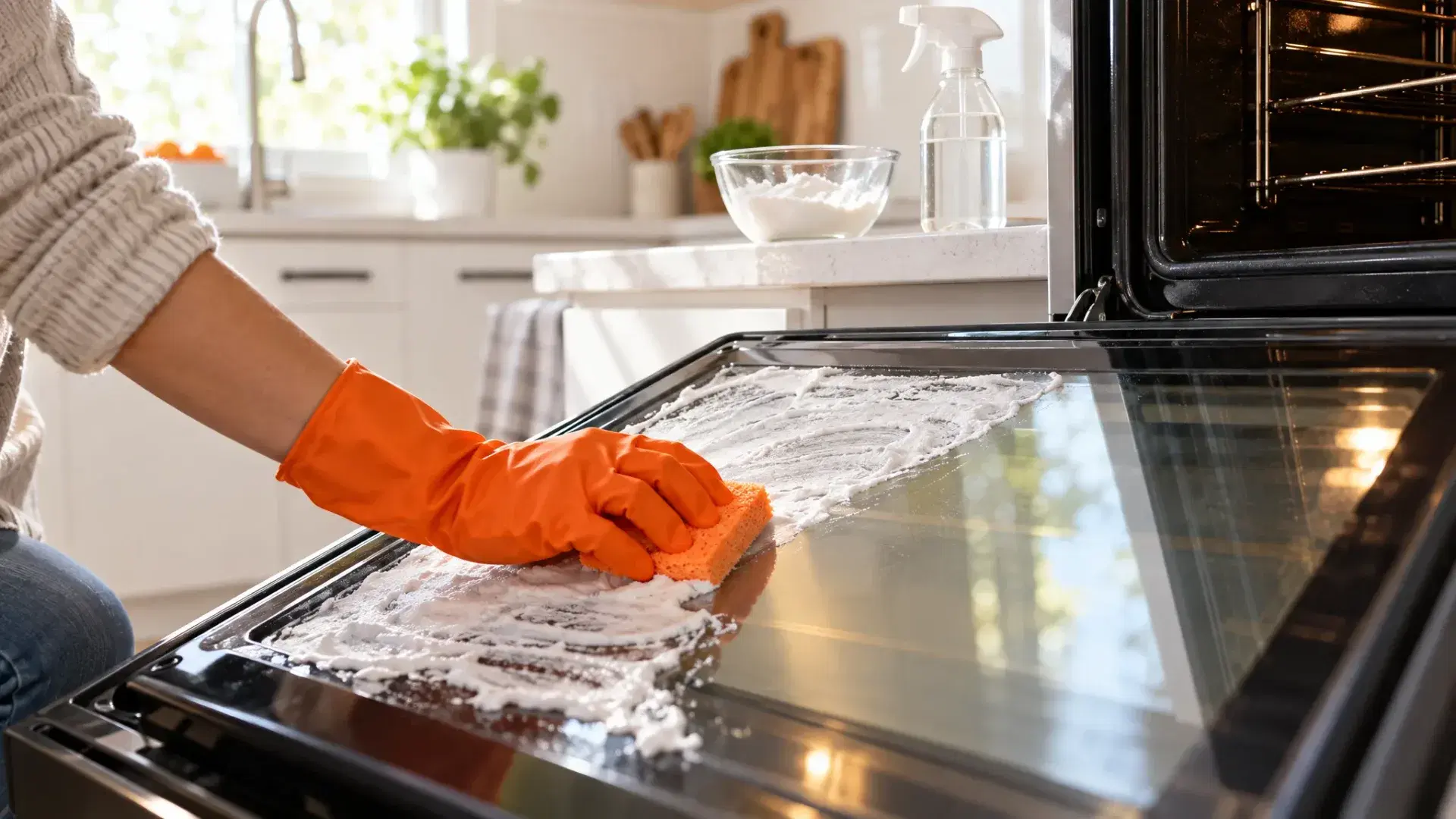 Orange-gloved hand wiping baking soda paste off an oven door glass