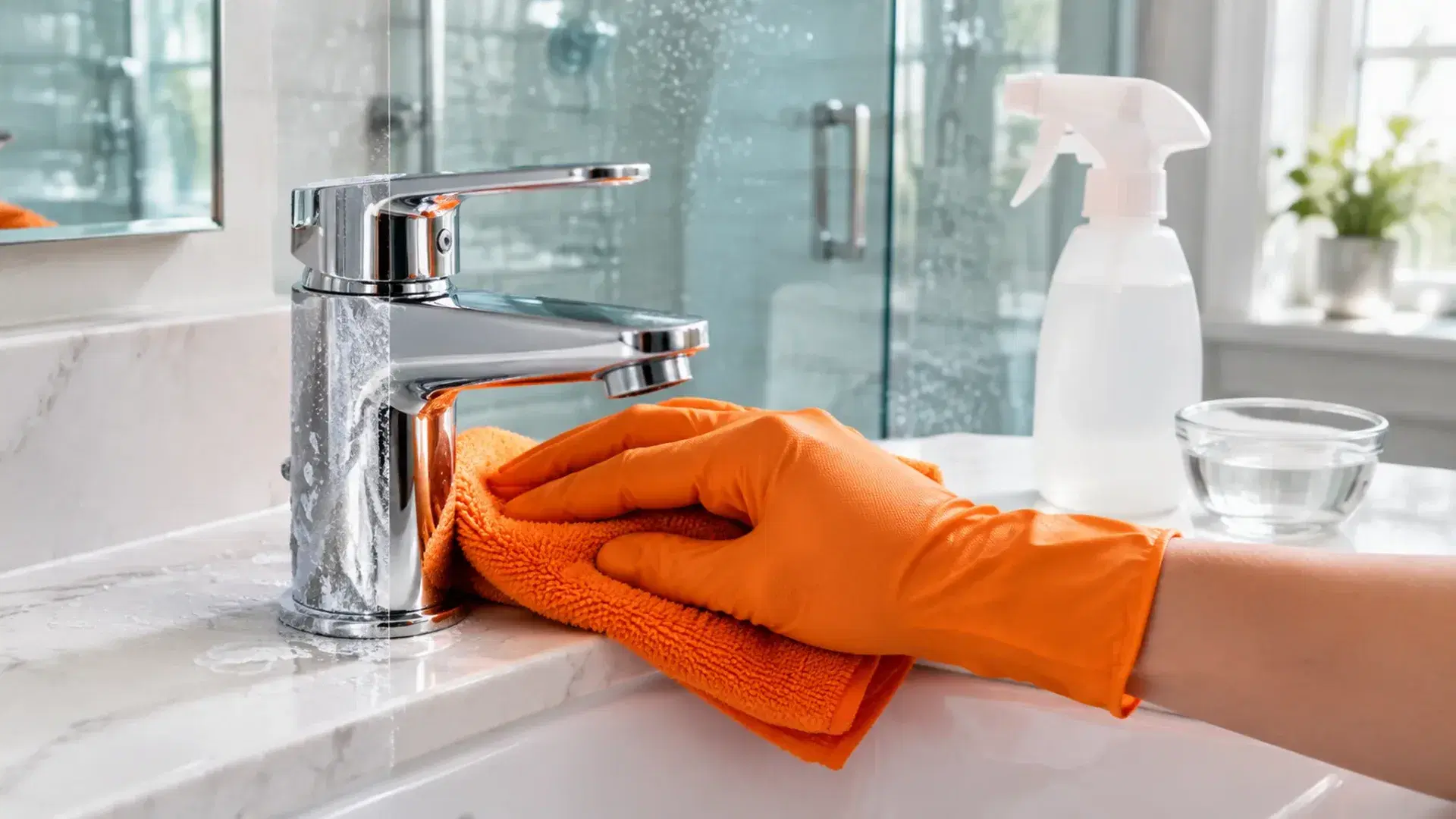 Orange-gloved hand polishing hard water spots off a chrome bathroom faucet with an orange microfiber cloth