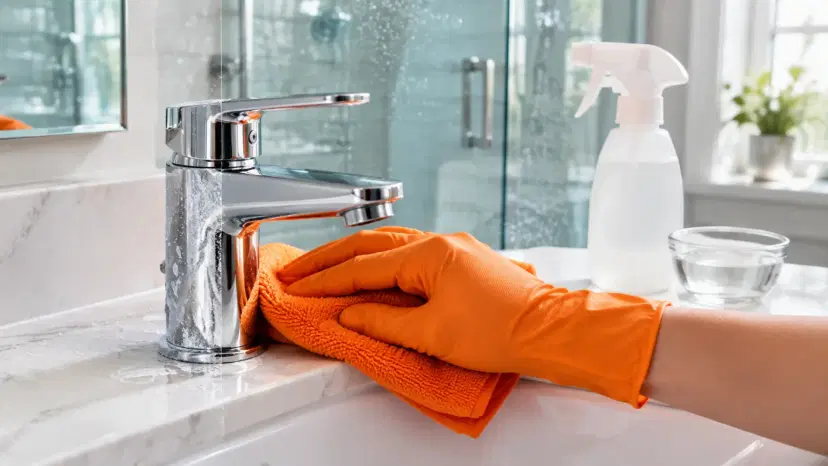 Orange-gloved hand polishing hard water spots off a chrome bathroom faucet with an orange microfiber cloth