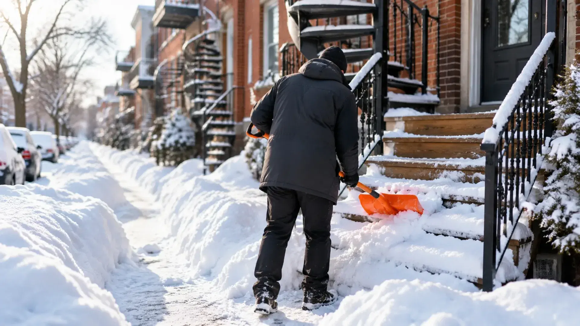 Person clearing snow from Montreal plex front steps with an orange shovel, spiral iron staircases along the street