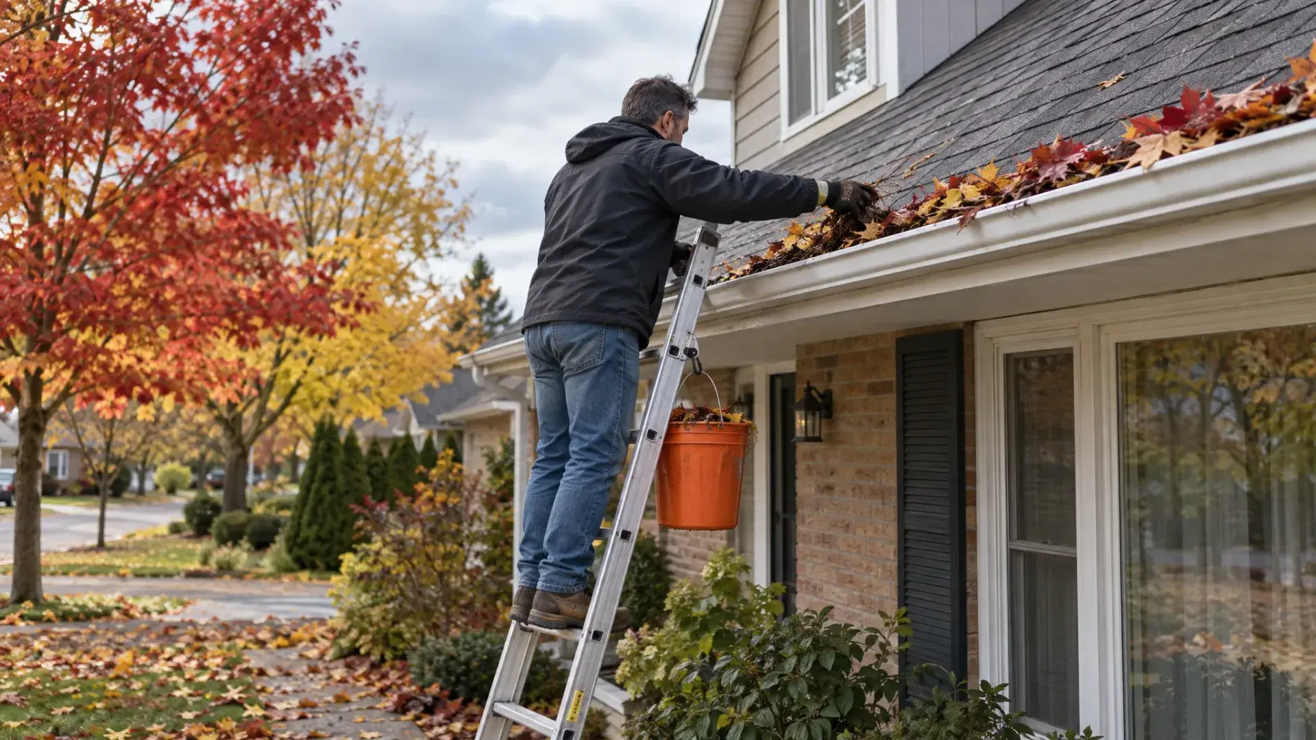 Man on an extension ladder scooping autumn leaves out of a house gutter, with an orange bucket hanging from the ladder