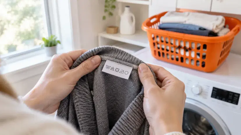 Hands holding open a grey sweater to show a care label with five laundry symbols, beside an orange laundry basket on a washing machine