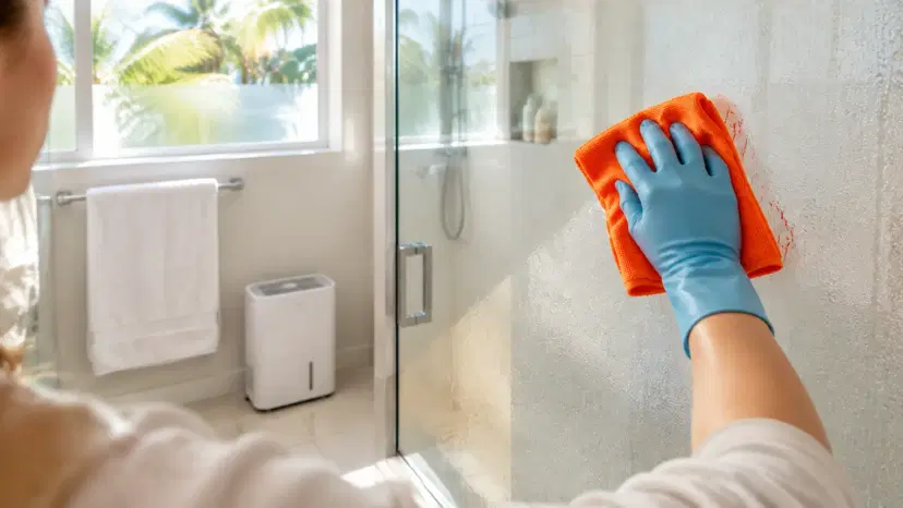 Gloved hand wiping condensation off a glass shower door with an orange cloth in a bright Miami bathroom, with a dehumidifier in the corner