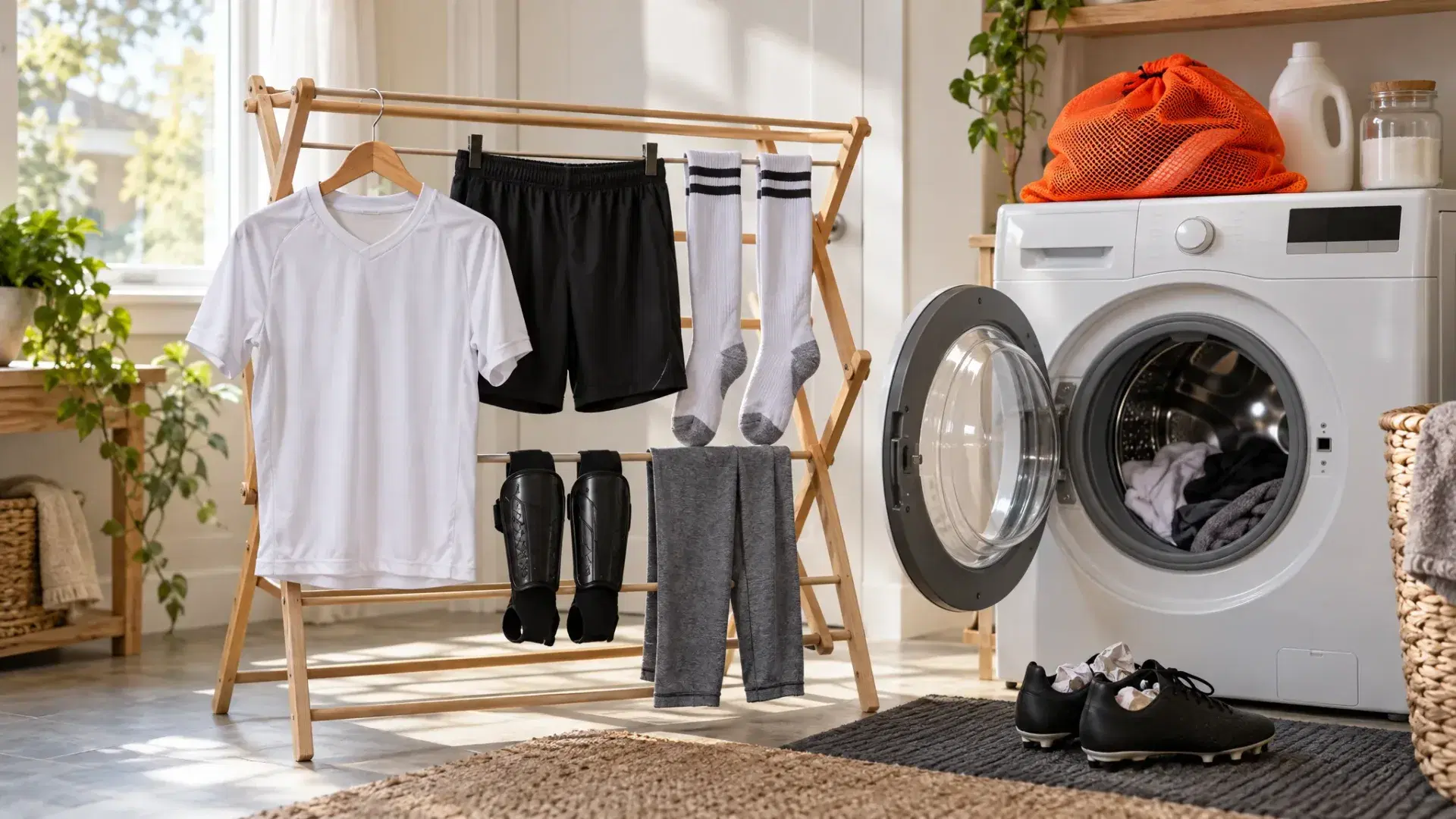 Washed soccer jersey, shorts, socks, shin guards, and leggings air drying on a wooden rack beside a front-load washer