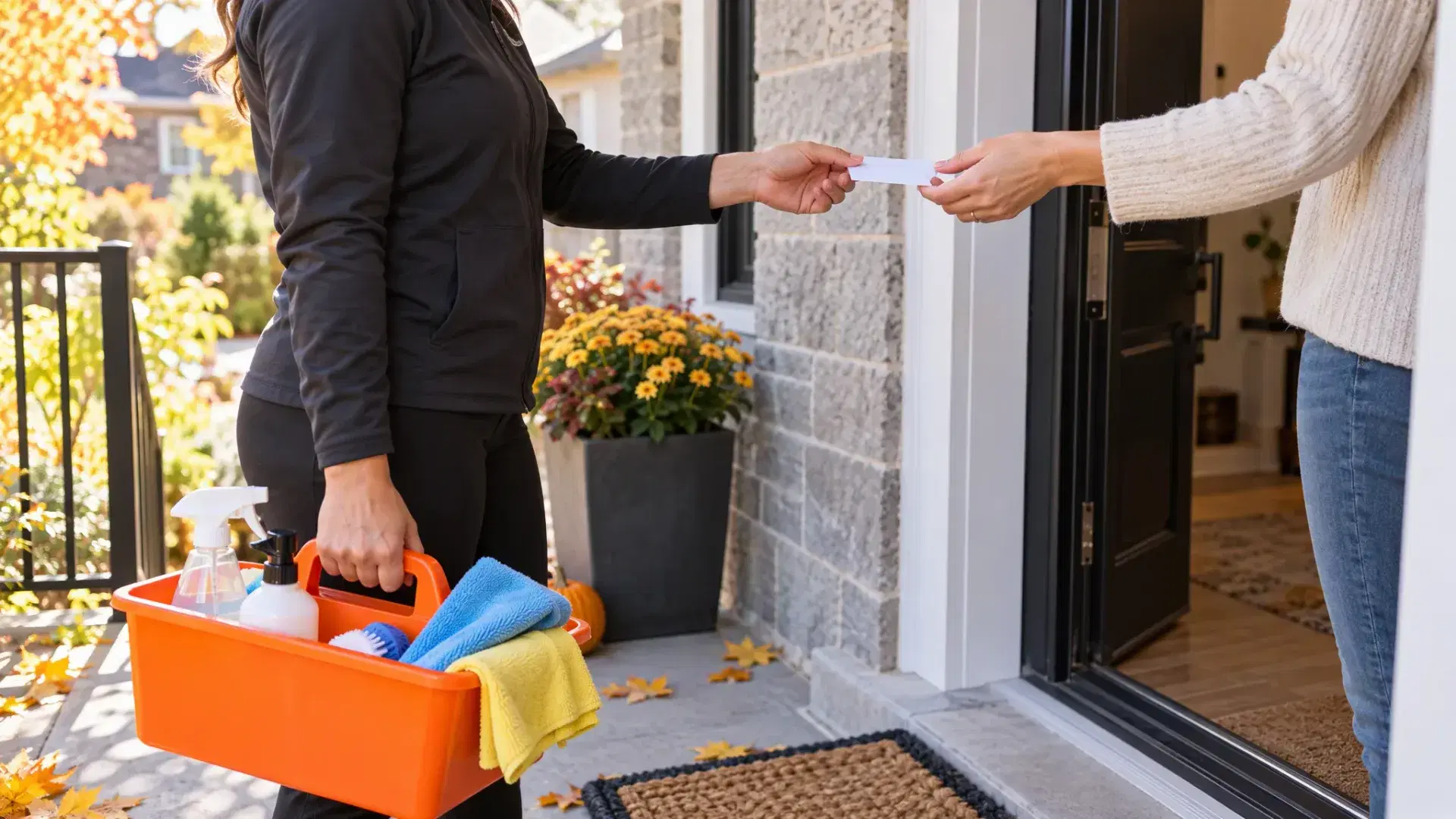 Cleaning service provider with an orange supply caddy handing a card to a homeowner at the front door