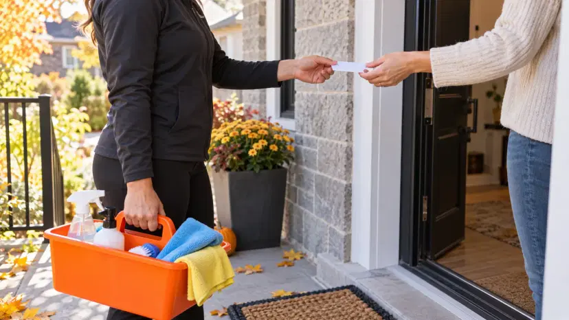 Cleaning service provider with an orange supply caddy handing a card to a homeowner at the front door