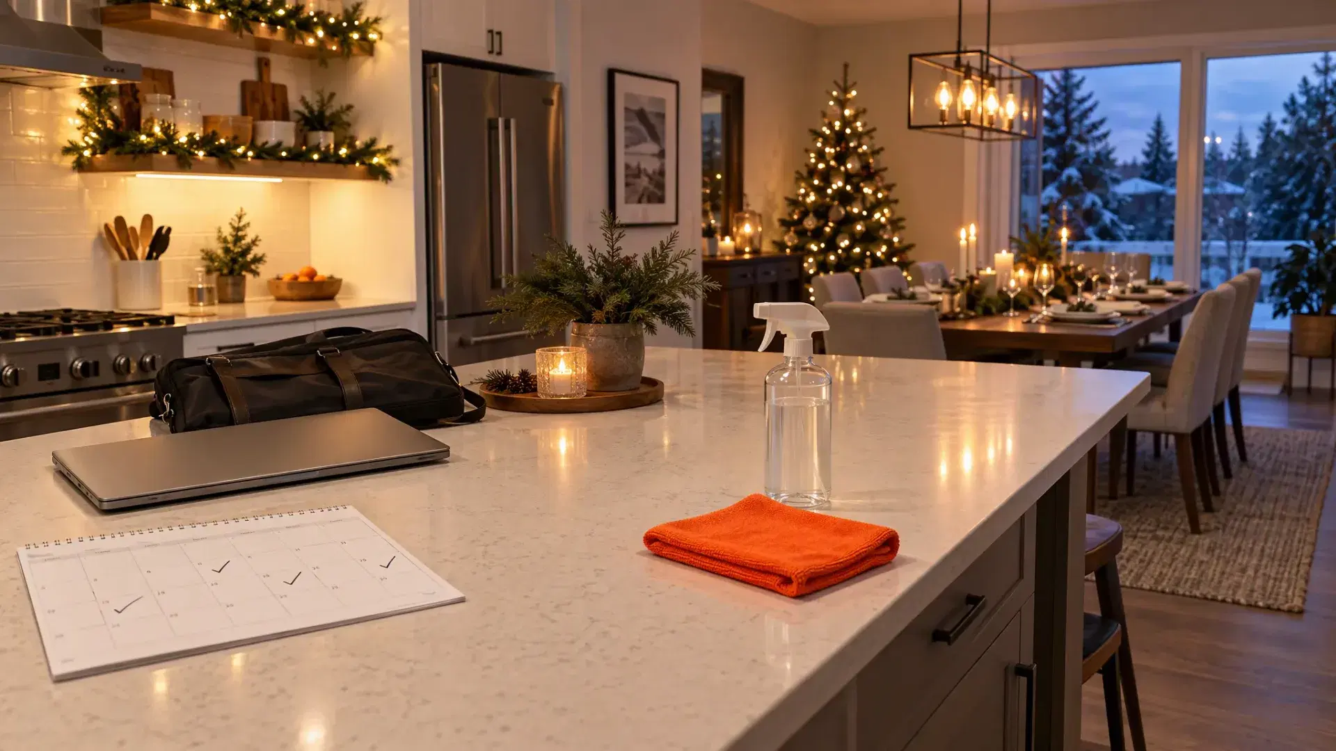 Clean kitchen island with a checked-off calendar, laptop, and orange cloth, next to a dining table set for a holiday dinner