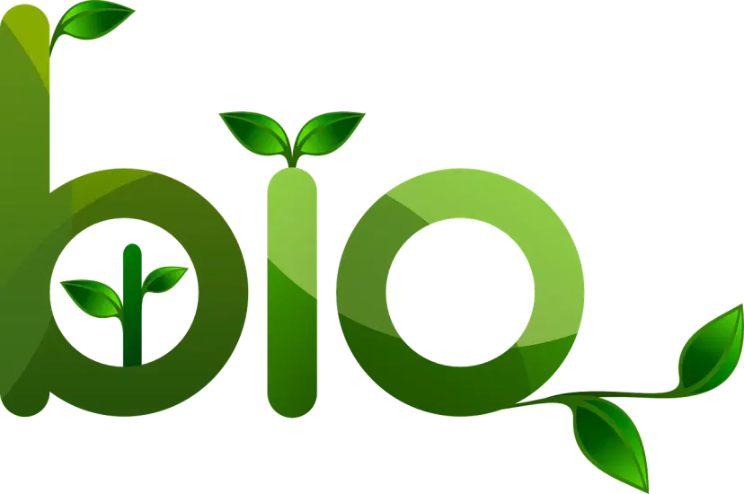 Green stylized 'bio' text with integrated plant elements including leaves and sprouting seedlings in various shades of green, representing organic and sustainable biology concepts.