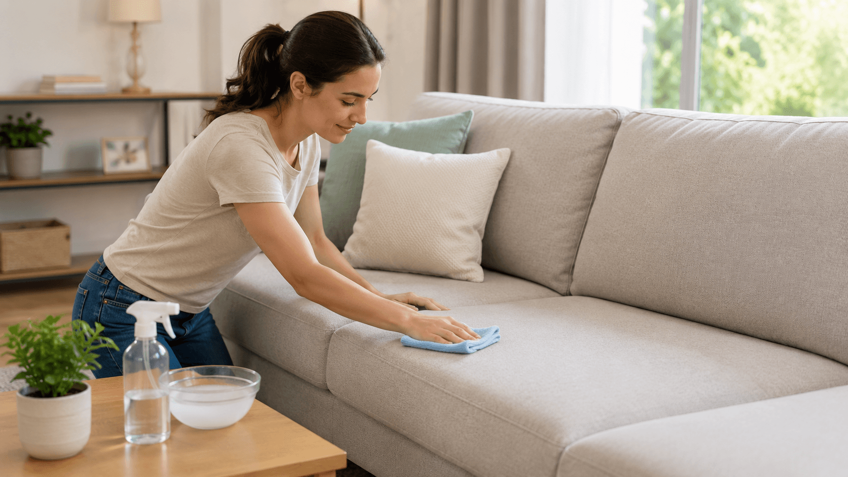 Fabric sofa being cleaned at home with DIY upholstery cleaning method