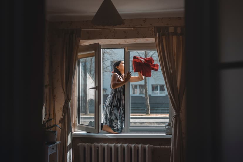 woman cleaning windows of home from outside