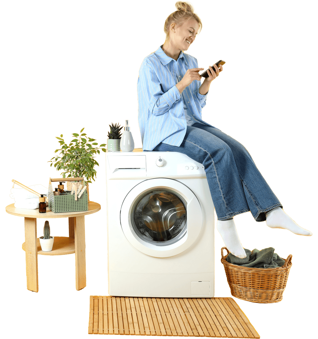 woman sitting on washing machine ordering ezi home general cleaning