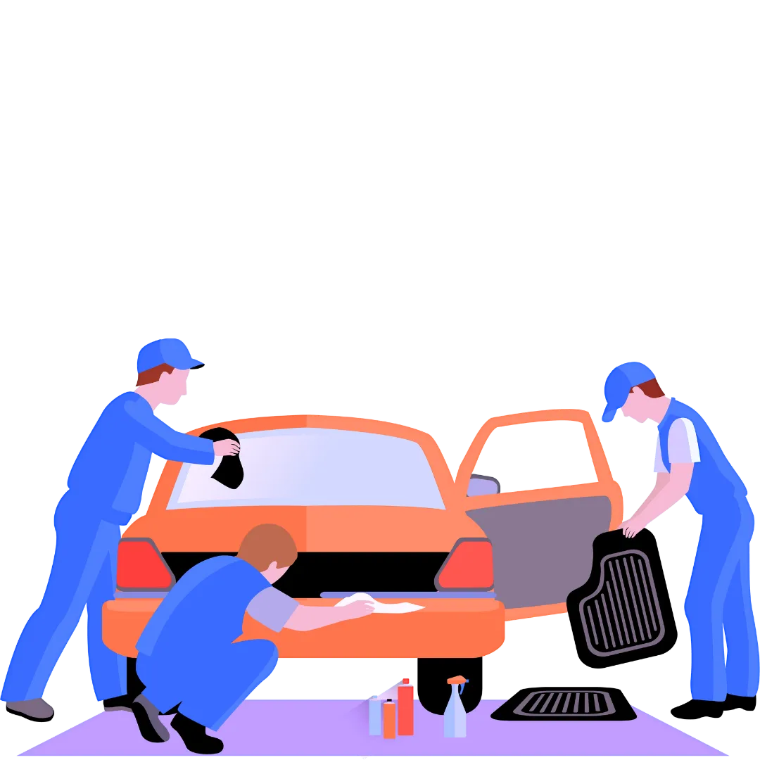 Men scrubbing animated for complete car detailing for an interior and exterior car detailing service
