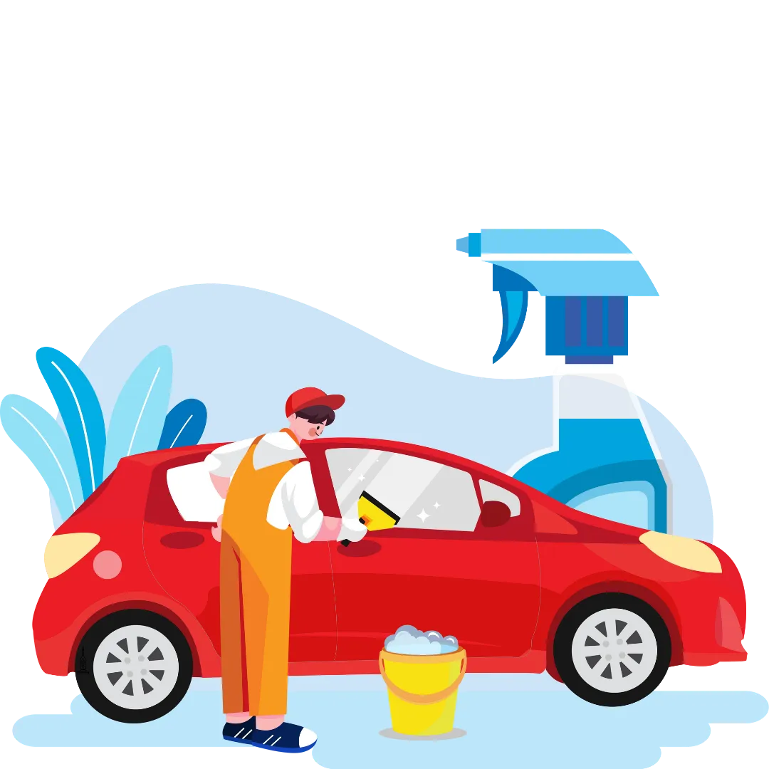 Man scrubbing red car animated for interior car detailing